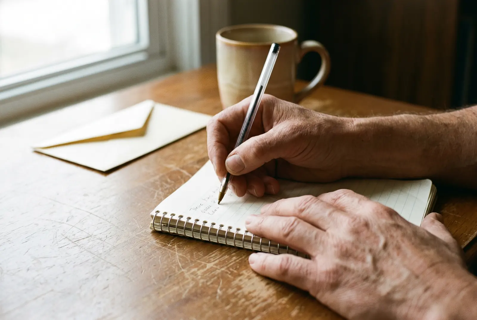 A pair of hands writing a short list in a spiral notebook on a wooden table.