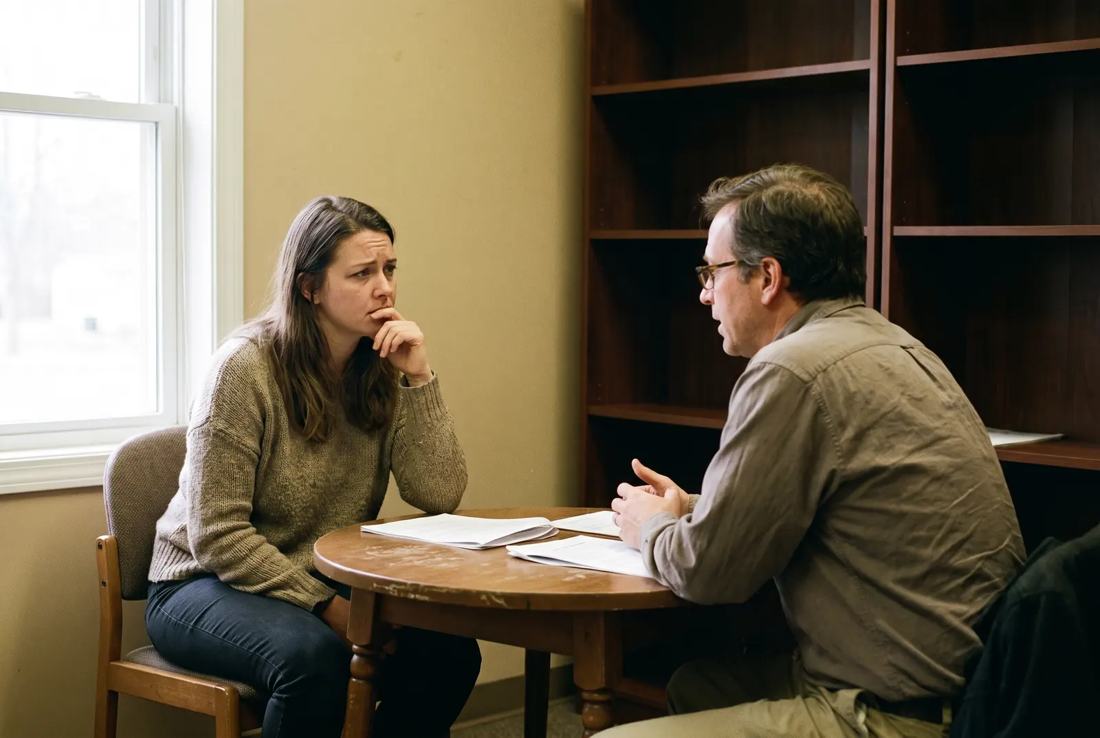 Two people sitting at a small round table, one listening with her chin on her hand.