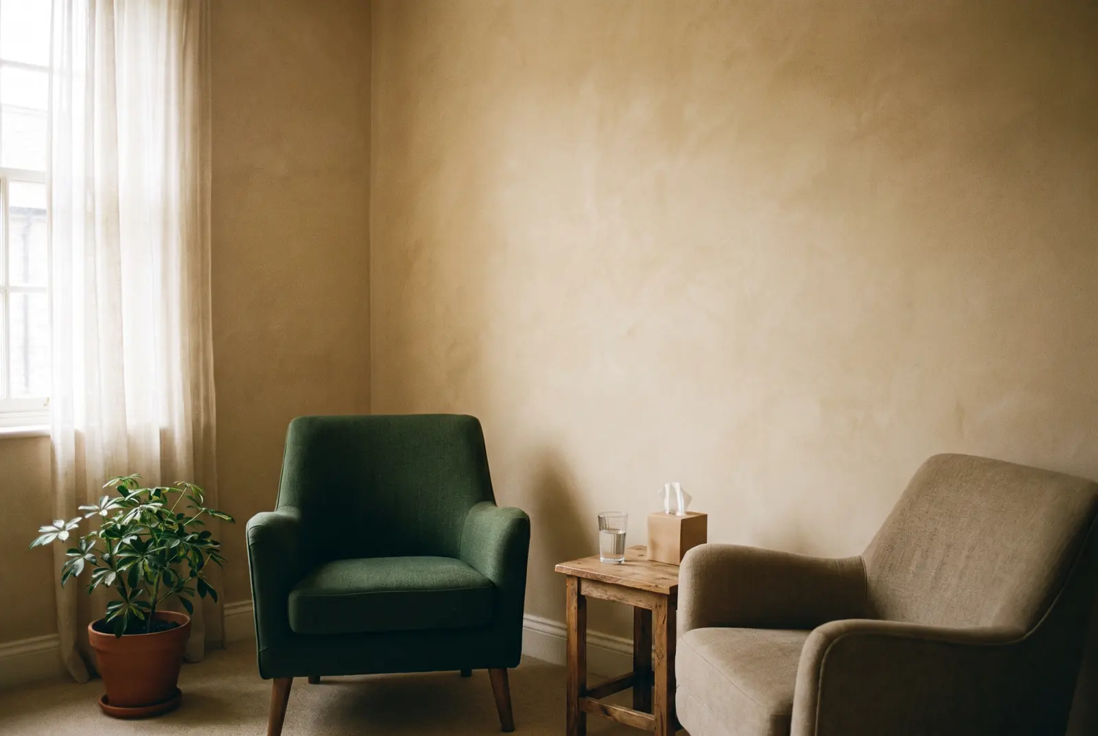 Two soft armchairs turned toward each other in a plain room with a window.