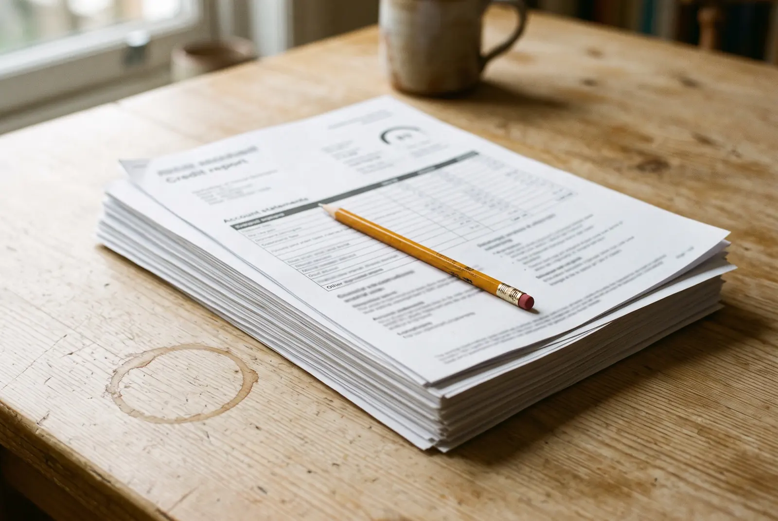 A neat stack of printed report pages and statements on a pale tabletop with a pencil laid across the top sheet.